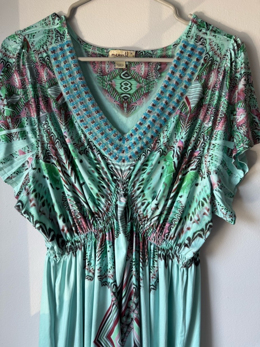 ONE WORLD Multicolor Blue Paisley Midi Hippie Boho Dress Beaded Vneck Size XL 1X - Picture 3 of 10
